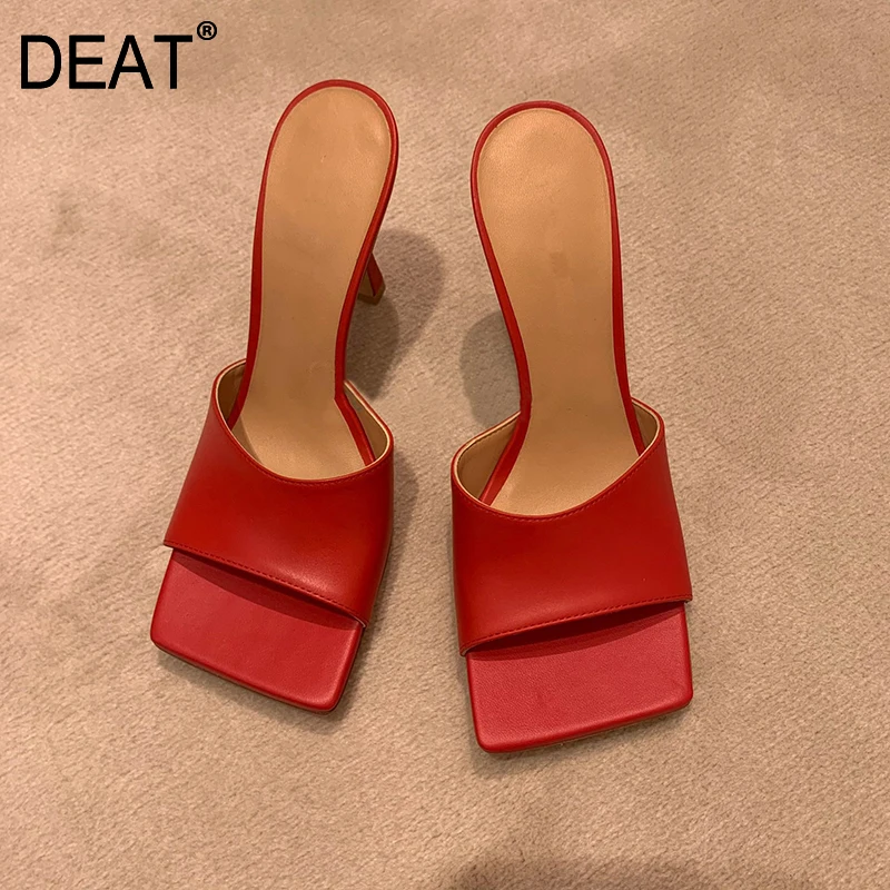 

[DEAT] 2019 New Spring Summer Square Toe Shallow Pu Leather Outside Personality Thin High Heels Slippers Women Fashion 10B870