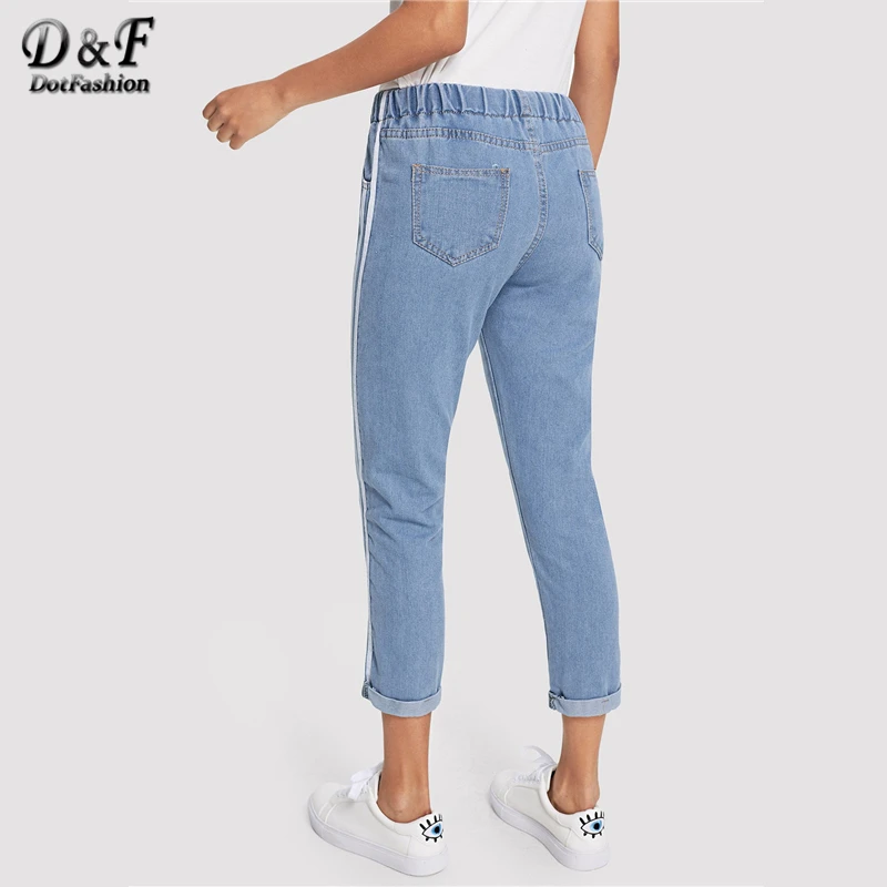 Dotfashion в синюю полоску с узлом сбоку спереди джинсы женщина осень Повседневное штаны с эластичной резинкой на талии укороченные джинсы для Для женщин джинсовые брюки
