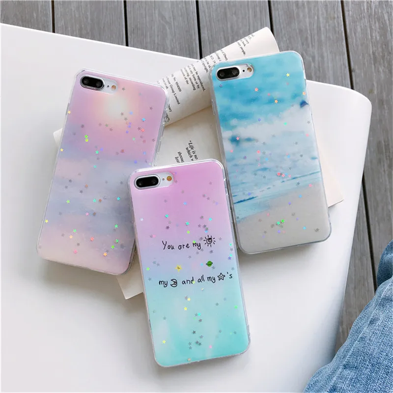 ROHDEA Sweet Star Shiny Phone Case for iphoneXS max XR Blue Beach Soft Cover iphone6 7 8 plus Sunrise Clear Edge TPU |