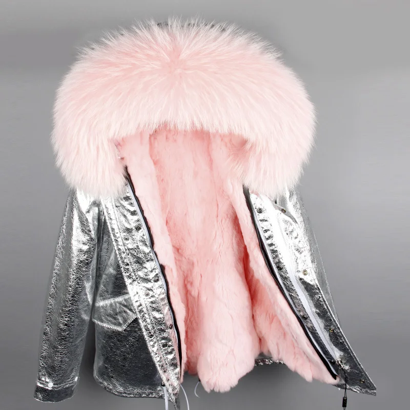 

2018 parka silver winter jacket women real fur coat big natural raccoon fur collar hooded rabbit fur parkas warm thick