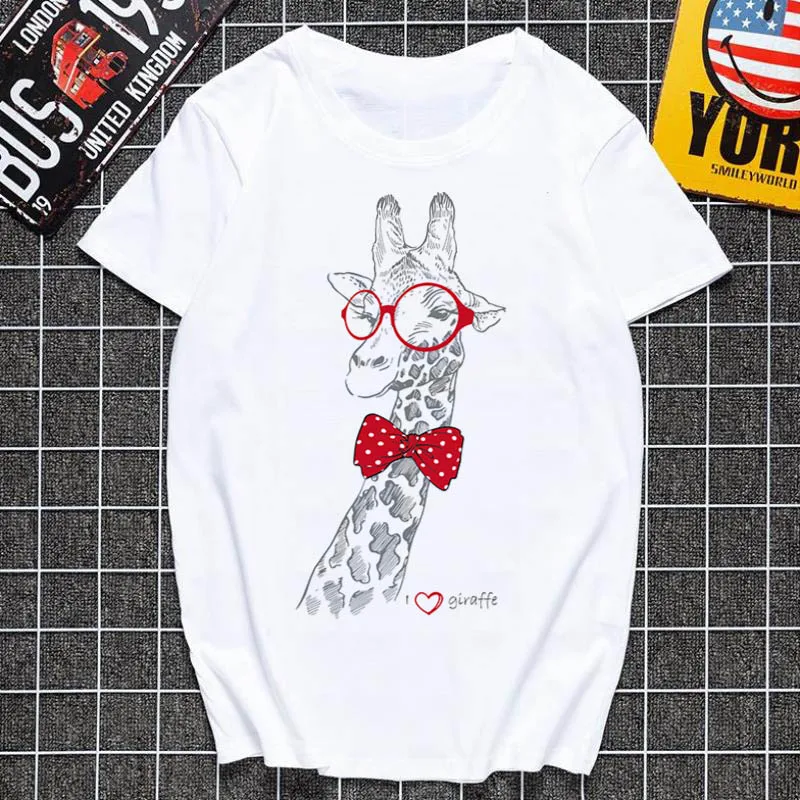 Новая женская футболка с принтом жирафа в стиле Харадзюку, модная футболка с круглым вырезом, летняя футболка с коротким рукавом, белые топы, женская одежда - Цвет: 52