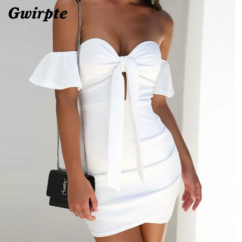 

Gwirpte 4 colors Front Bow Women Solid Dress Slash Neck Flare Sleeve Party vestido for Female Sexy Beach Dresses robe femme