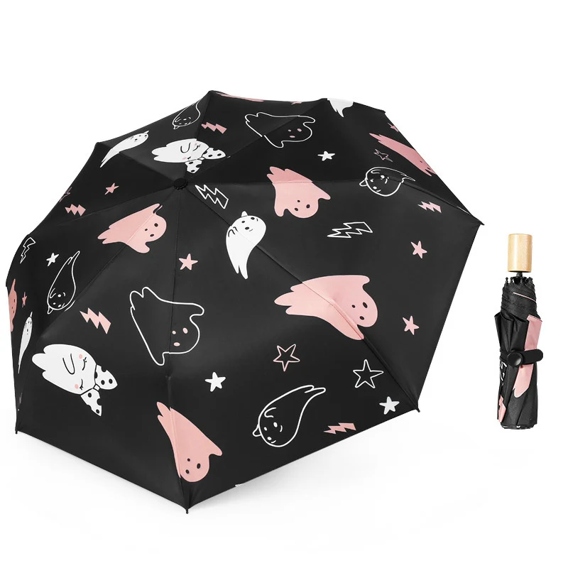 Только Jime Мультфильм иллюстрация твердый зонтик с деревянной ручкой солнцезащитный крем анти-УФ женский складной зонт от солнца маленький свежий детский зонтик - Цвет: Black