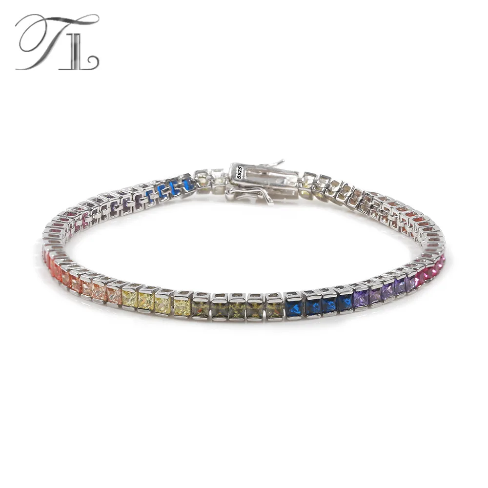 

TL Real 925-Sterling-Silver Bangle Bracelets For Women Inlay With Cut Multi-color Cubic Zirconia Crystal Bracelet Silver Jewelry