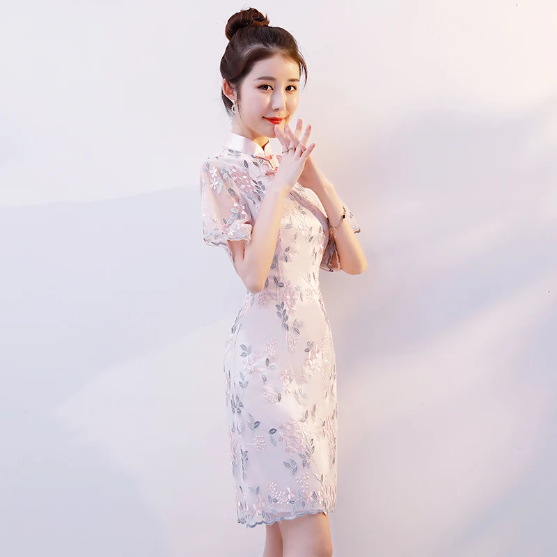 Повседневное платье цвета шампанского, традиционное женское Короткое платье Ципао с коротким рукавом, женское кружевное сексуальное китайское платье Ципао