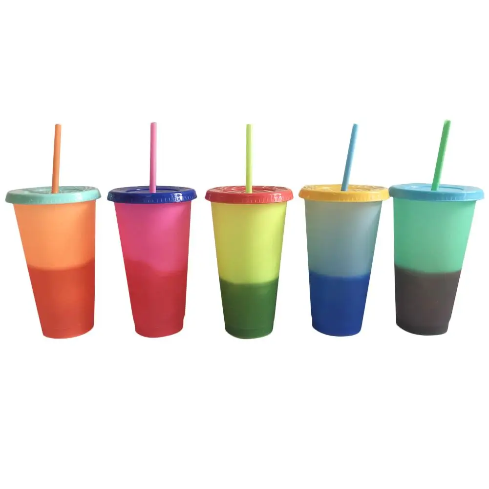

700ML Plastic Temperature Change Color Cups Colorful Cold Water Color Changing Coffee Cup Mug Water Bottles With Straws Set
