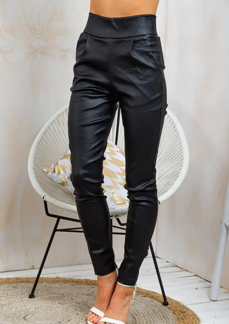 Black Faux Leather Pencil Pants Zipper High Waist Fashion Sexy Mono