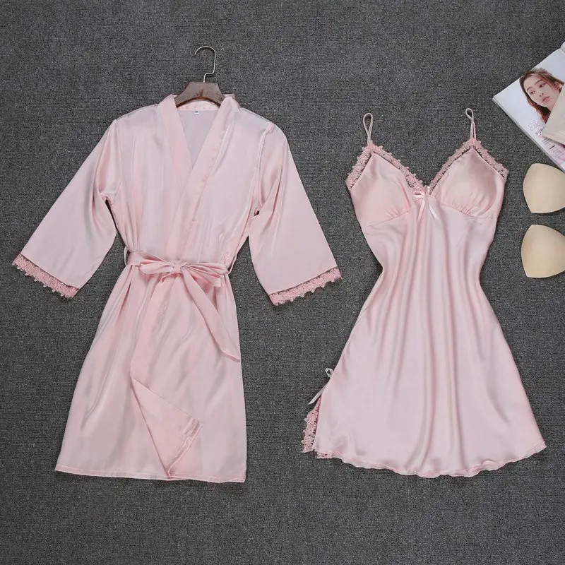New Women Silk Robe Sexy Lace Nightgown Robe Set for Female 2 Piece Satin Sleepwear Women Plus Size Women Robe Set Nightwear 49 (9)