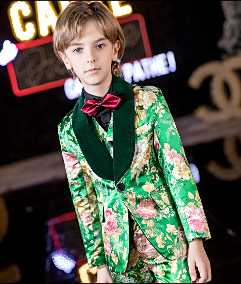Зеленый принт Костюмы на свадьбу для мальчика Детский Блейзер костюм для мальчика enfant костюм официанта; костюм для свадебных торжеств для бега garcon Блейзер смокинг для мальчиков