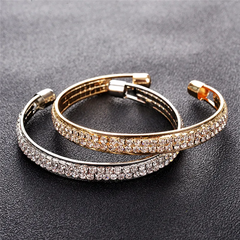 ROMAD 2 Rows Opening Bracelets Women Crystal Rhinestone Bangle Wristband Cuff Open Bracelets Wedding Party Charms Jewelry R1