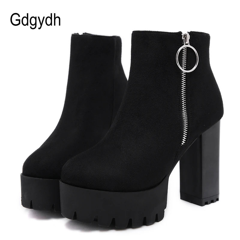 

Gdgydh New Arrival Black Woman Booties Shoes Ankle Platform Boots High Heels Zipper Good Quality Flock Ladies Shoes 2018 Fashion