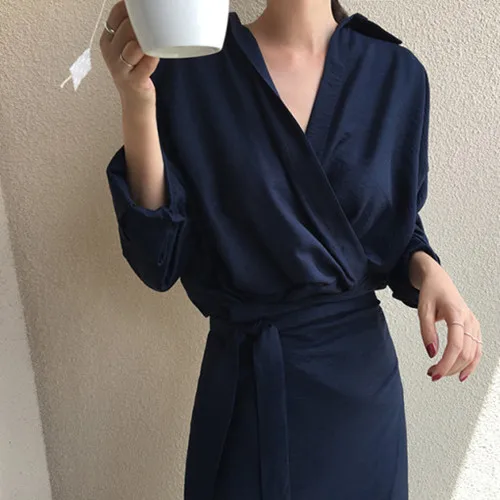Yanueun женское элегантное свободное платье Normcore с длинным рукавом и поясом Женская
