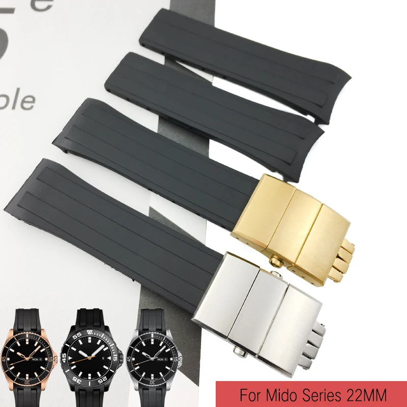 

22mm High Quality Rubber Silicone Watchstrap Black Waterproof Folding Buckle Watchband Special for Mido Series Watch Accessories
