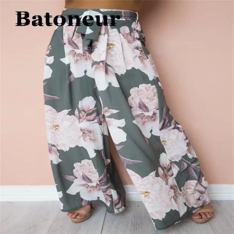 

Sash loose print wide leg pants women Elastic floral boho casual pants female 2018 Summer beach high waist trousers