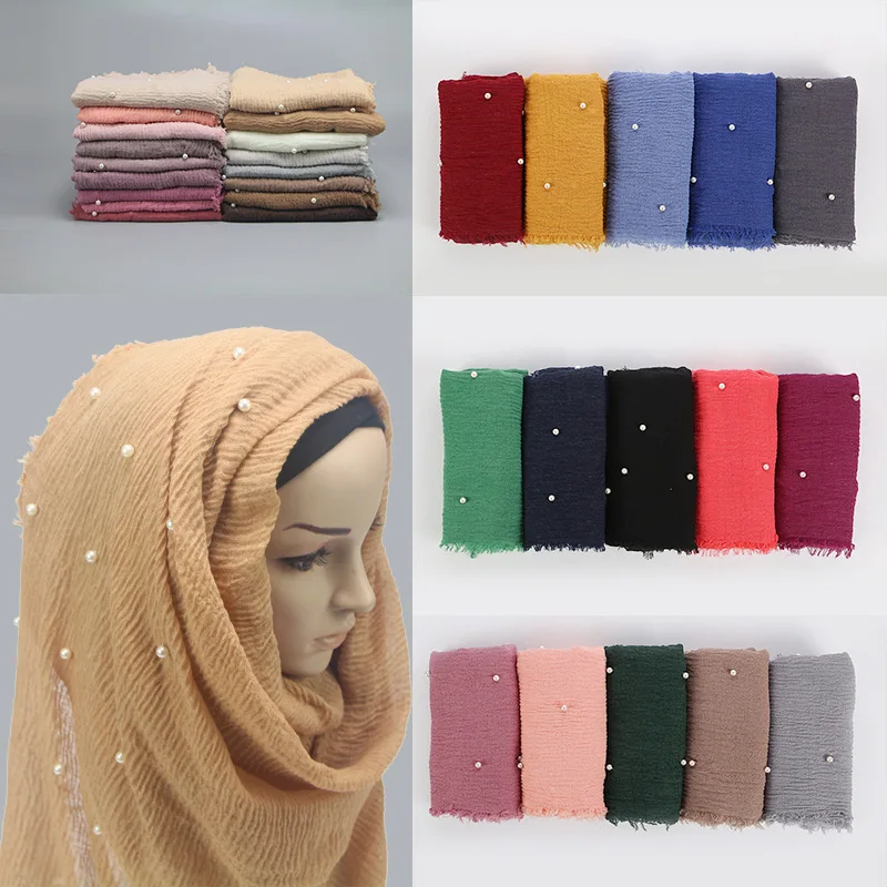 Хлопок пряжа жемчуг платок популярный стиль женский простой шифон шарф хиджаб обёрточная бумага одноцветные шали повязка мусульманские хиджабы шарфы
