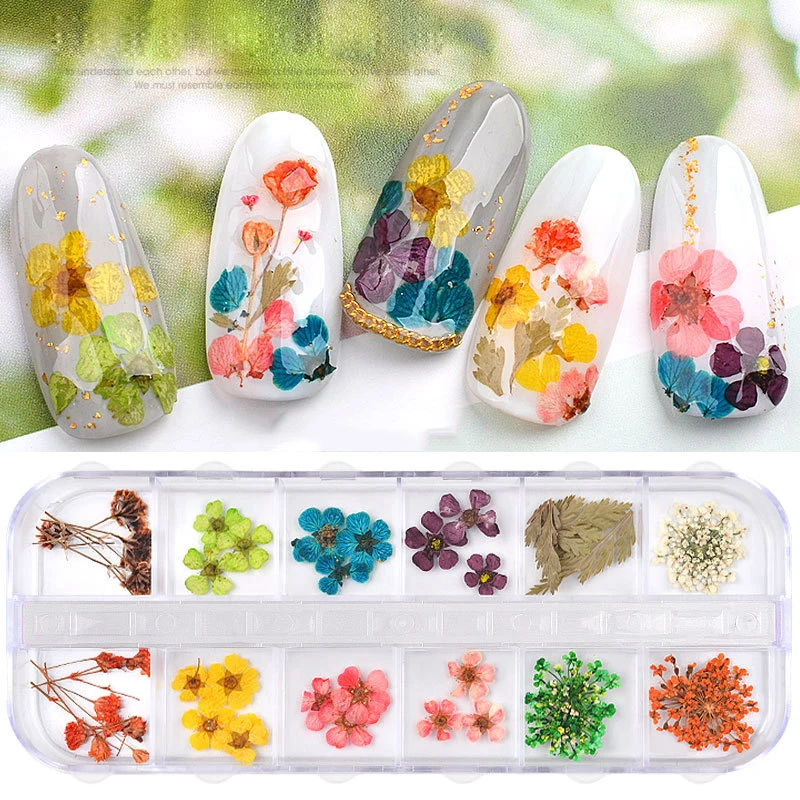 12 цветов, сушеные цветы, лист, украшение для ногтей, натуральный цветочный стикер, 3D, сухая красота, дизайн ногтей, ювелирное изделие, советы, УФ Гель-лак, маникюр