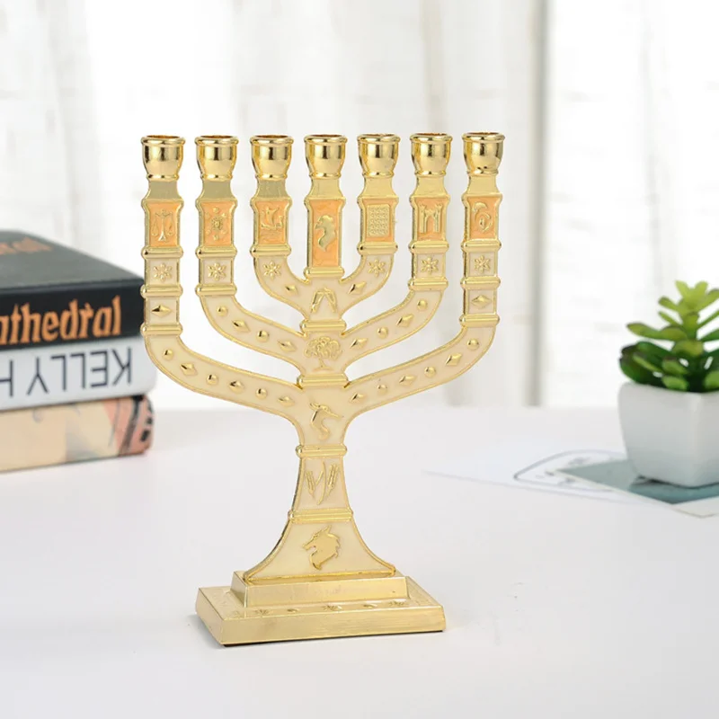 Синяя эмаль Menorah позолоченный 7 веток племен Израиля, джерузама