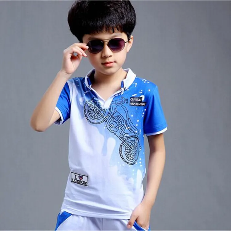 Boys Fashion Casual Sport Suit Clothing Set Motorcycle Print Short Sleeve Knitted Children's Set Boys Clothes 2018 Summer New