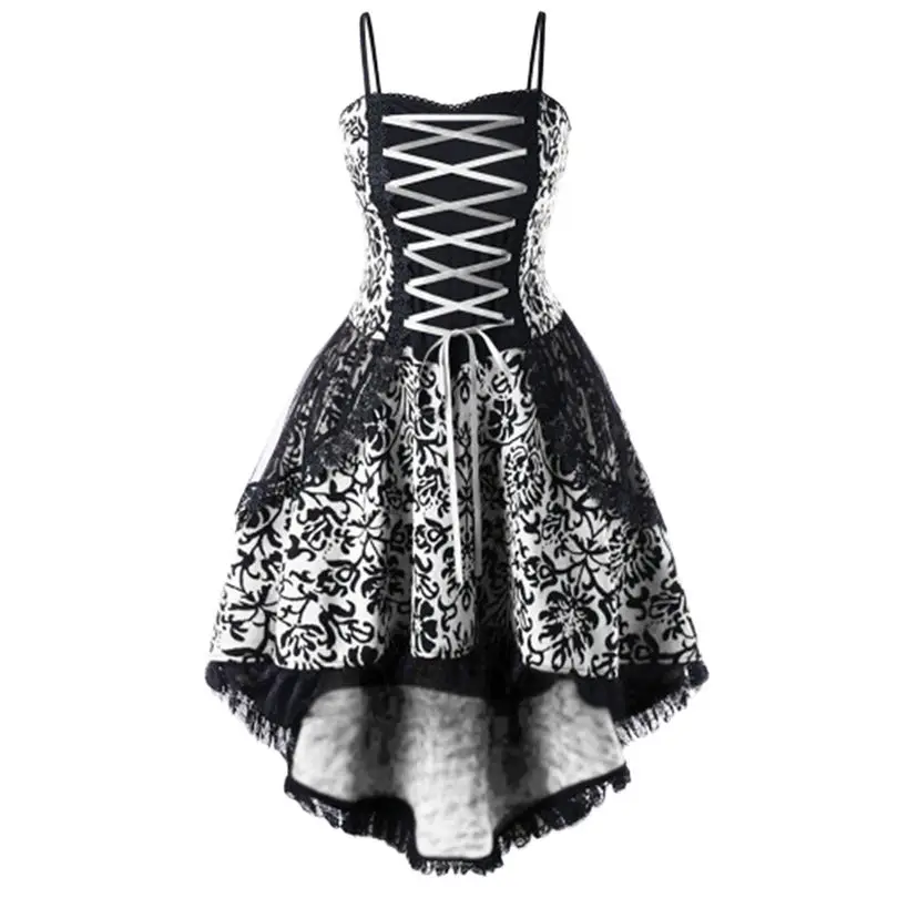 New FAshion Women Spring Autumn Casual Daily Vintage Strappy Lace Up Fit And Flare Ladies Punk Vintage Party Dress #4F10 (4)