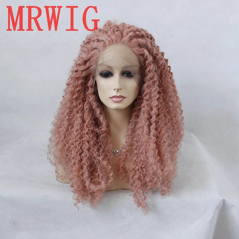 

MRWIG Real Hair Looking Dark Pink Long Afro Kinky Curly Synthetic Lace Front Middle Part Afro Natural Wigs for Women