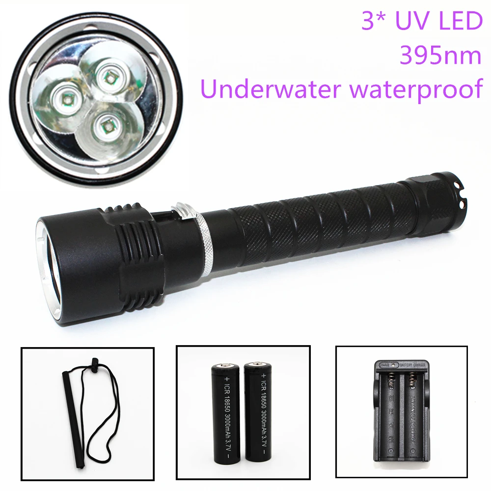 

Waterproof Aluminum 10W Ultraviolet 3 x UV LED Light Lantern Diving Flashlight 395nm Torch 18650 Batteries Charger