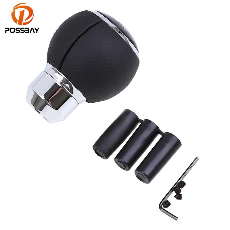 POSSBAY 5 Speed Black Leather Gear Shift Knob Universal Aluminum Manual