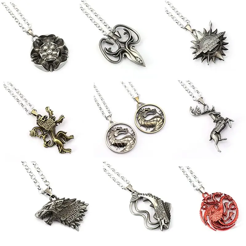 

House Greyjoy Baratheon Targaryen Lannister Stark Necklace Lion Wolf Dragon Deer Link Chain Pendant Necklaces Jewelry Tully