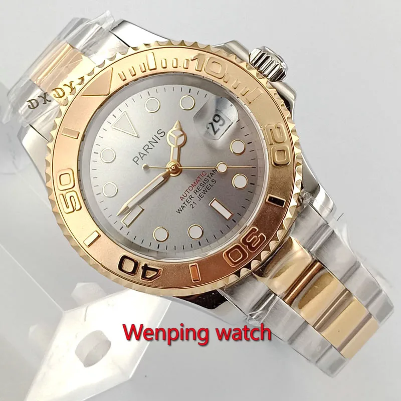 Parnis 40 мм серый черный циферблат Золотой сапфировый стеклянный керамический ободок GMT автоматические мужские часы W2705