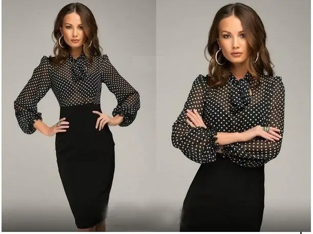 

New Ladies Simple Elegant Chiffon One Piece OL Style Long SLeeve Polka Dots Pencil Dress SS