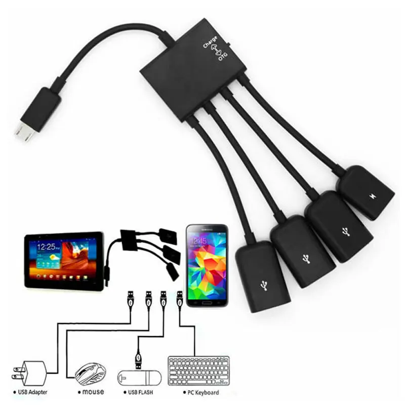 

Multi-function USB 2.0 4 in 1 Micro USB Host OTG Charge Hub Cord Adapter Connector for Android Smartphones Tablet Black Cable