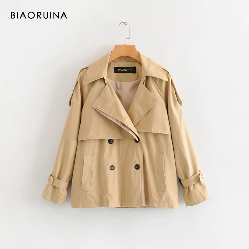 

BIAORUINA Women's Khaki Solid Double Breasted Trench Coat Turn-down Collar Female Classic England Style Chic Outerwear