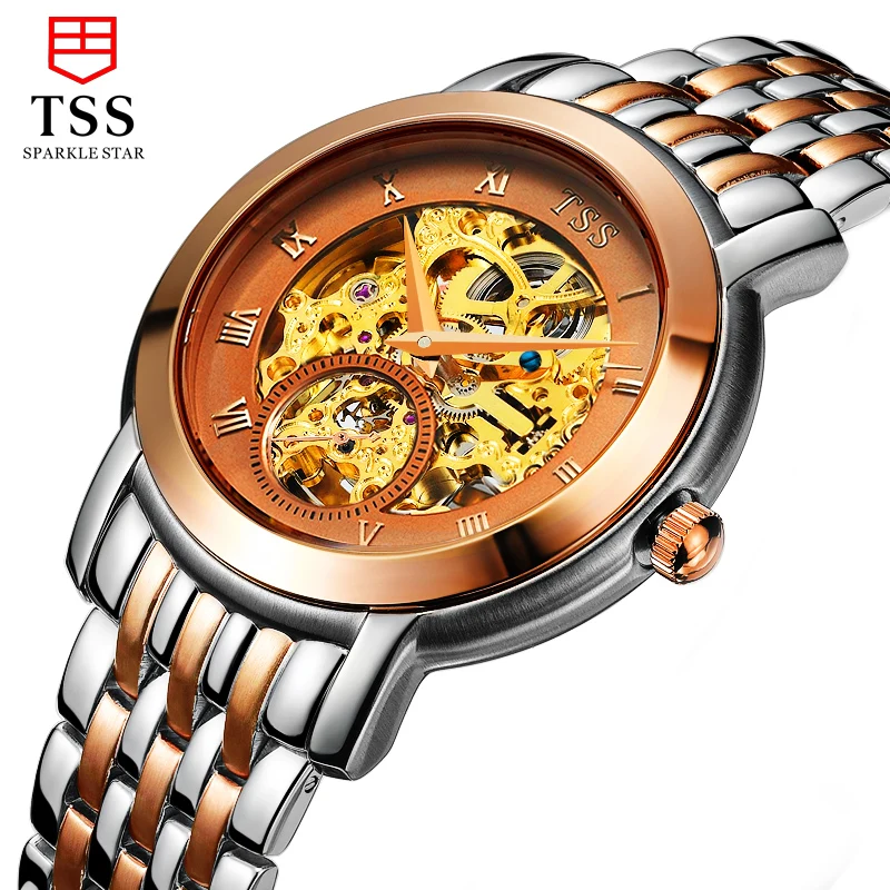 TSS T8016 mecaniques ajourees الهيكل العظمي الساعات الرجال الفاخرة العلامة التجارية 2017 موضة الجوف التلقائي الميكانيكية ووتش الياقوت
