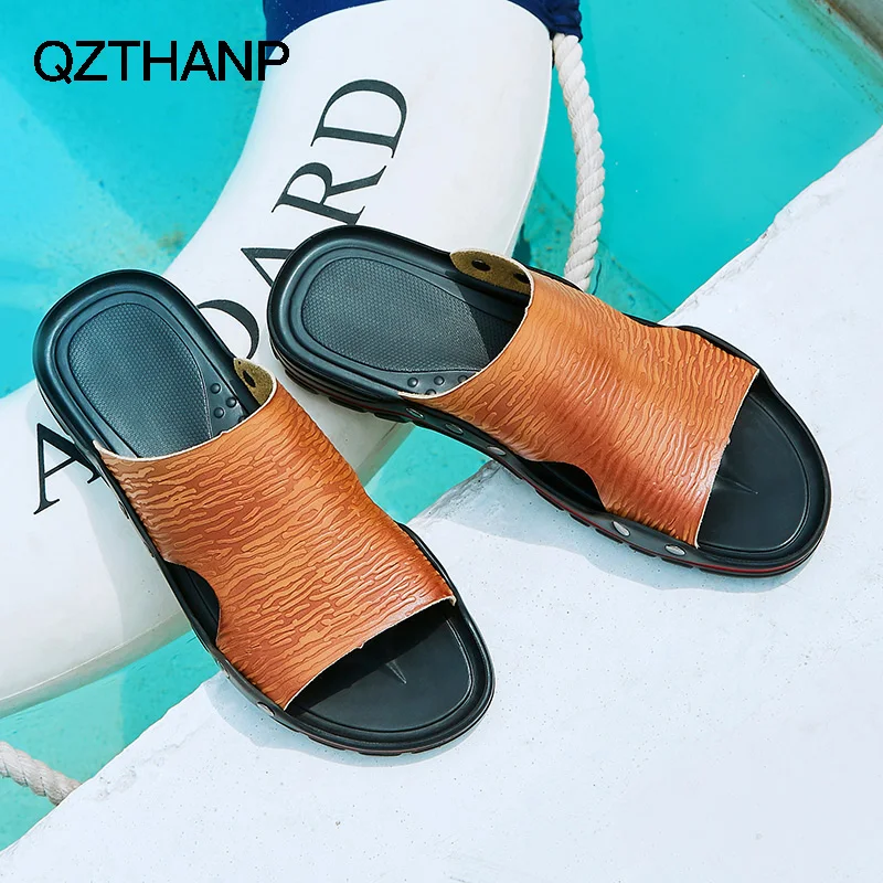 

PU Leather Casual Men Flats Sandals Shoes Breathable Beach Slippers Men Cork Shoes Thicken Anti Slip Open Toe Flip Flops Male