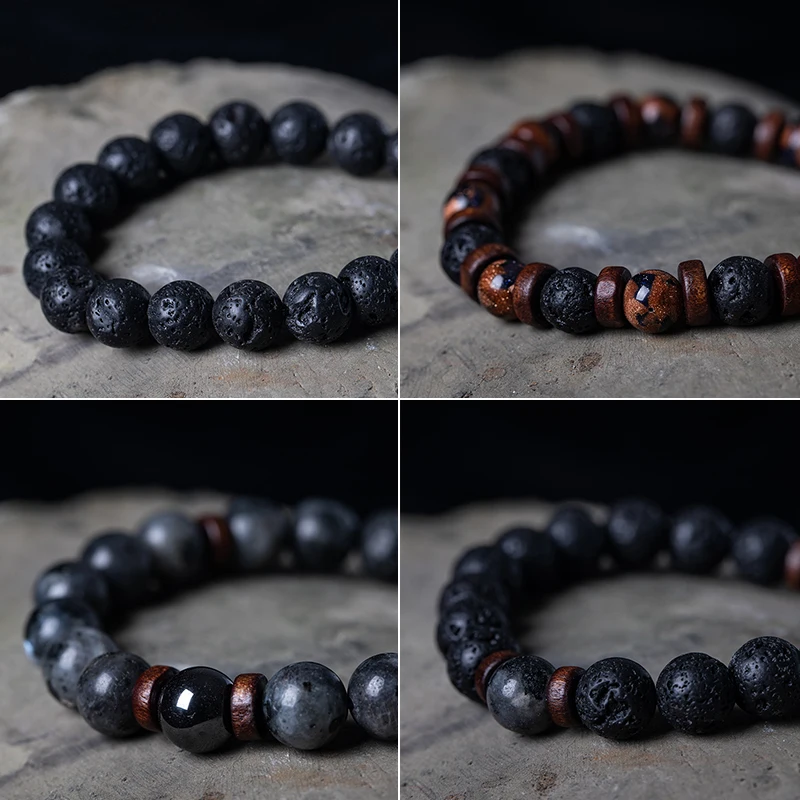 

Black Lava Stone Strand Bracelet Mala Punk handmade 8mm and 10mm Wooden Volcanic Chain Link Beaded Men's Bracelets Gifts for Men