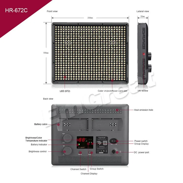 Aputure HR672 Series Kit 2 шт. HR672W& HR672S& HR672C Dimmeable светодиодный светильник-панель CRI95+ с сумкой для аккумулятора комплект аксессуаров