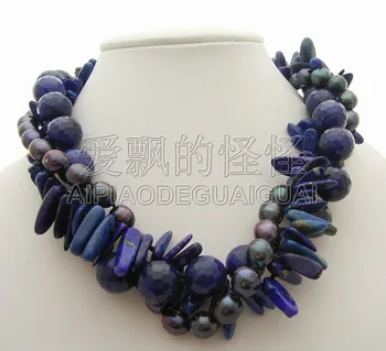 

N051125 19" 3Strands Black Pearl Lapis Blue Stone Necklace
