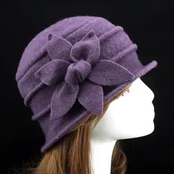 Новая модная винтажная женская панама однотонная Цветочная отделка осенне-зимняя шерстяная шапка элегантные женские шапки для девочек