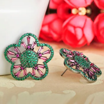 

Dazz Shiny Milky Green Purple Stone Flower Stud Earrings For Women Girls Black Gun Color Party Bridal Engagement Earring Bijoux