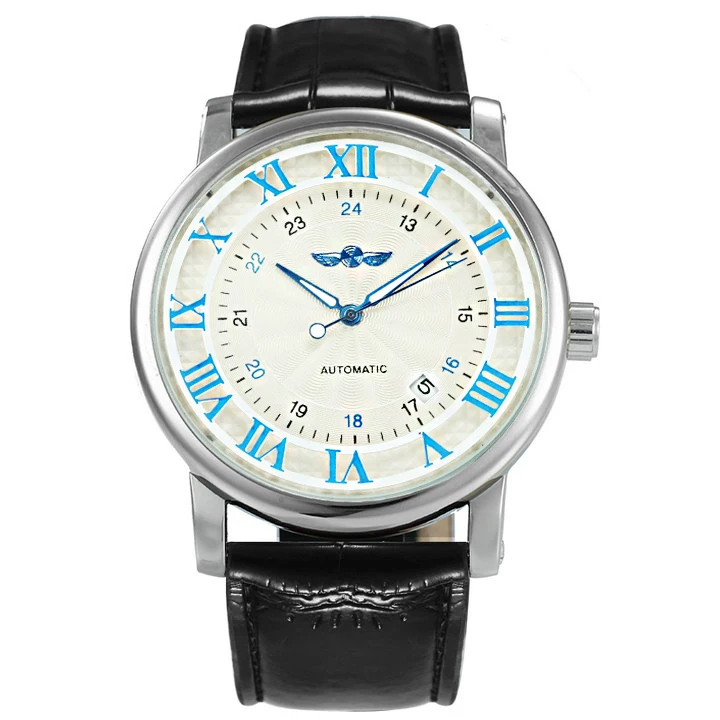 WINNER официальные автоматические часы мужские брендовые роскошные механические белый циферблат кожаный ремешок двойной дисплей даты минималистичные наручные часы - Цвет: WHITE BLUE