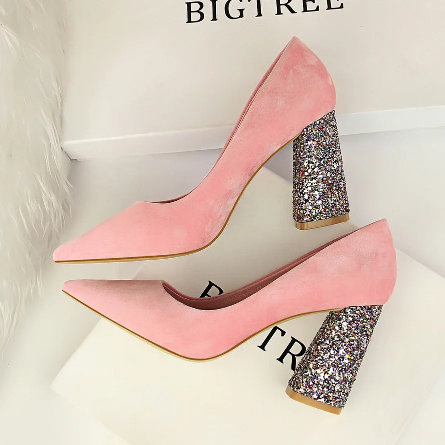 BIGTREE/Женская обувь; коллекция года; летние туфли-лодочки на высоком каблуке; блестящие туфли на квадратном каблуке с блестками; пикантные модные свадебные женские туфли; scarpe donna tacco