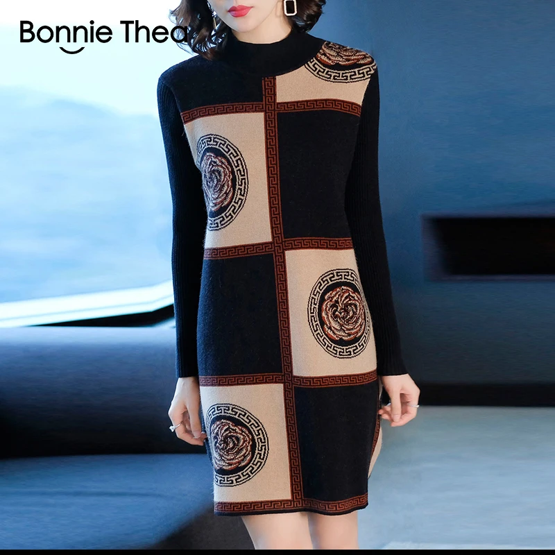 Женское вязаное платье свитер Bonnie Thea черные вечерние платья с высоким воротником