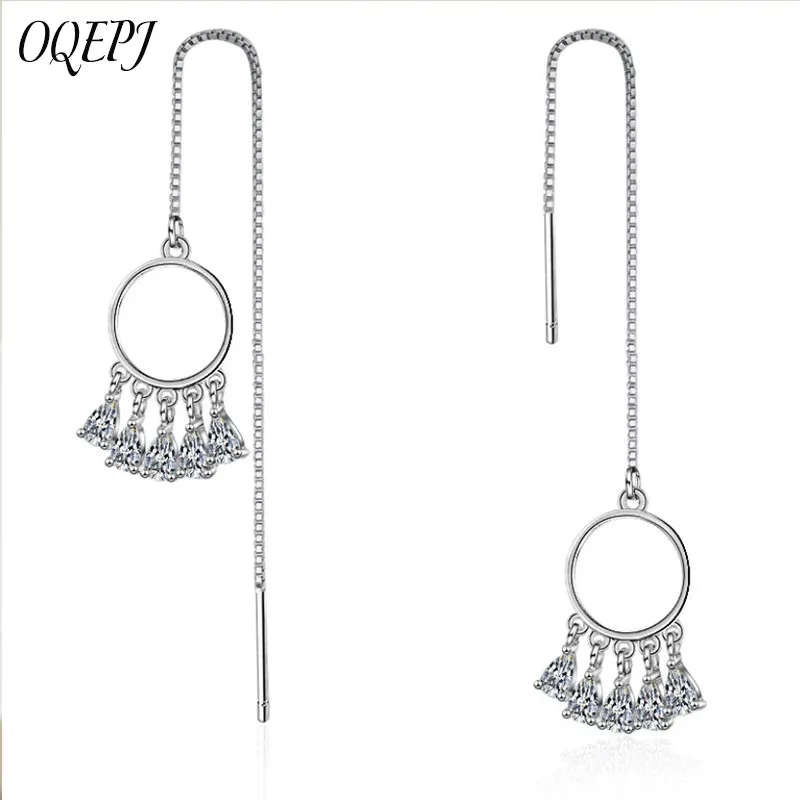 

OQEPJ Round Water Drop CZ Zircon Earrings 925 Sterling Silver Jewelry Simple Party Long Chain Dangle Drop Earrings For Women
