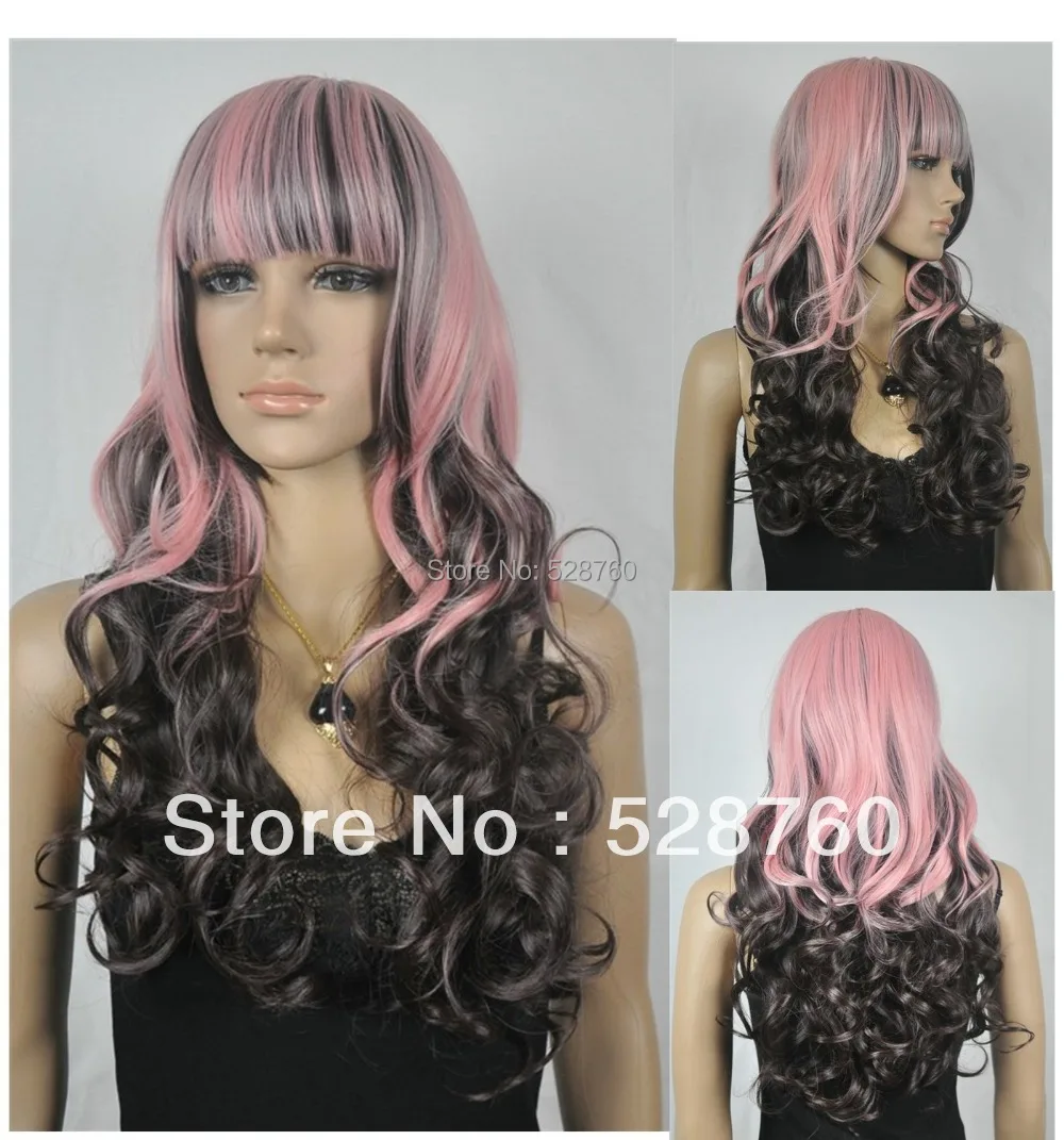 Cosplay wig Mixed with pink color long black curly hair Free shipping