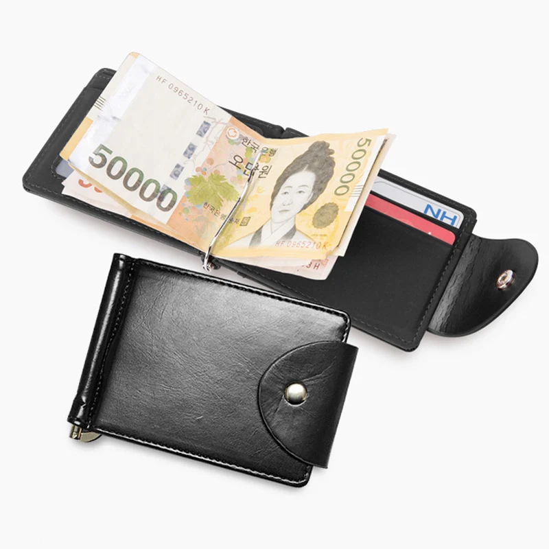 小物 Clip wallet New Fashion Short Small Men's Leather Money Clip Wallet With Metal