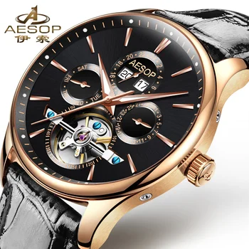 

AESOP Hollow Automatic Mechanical watch men luxury brand Rosegold black Male Clock Genuine Leather Relogio Masculino Hodinky