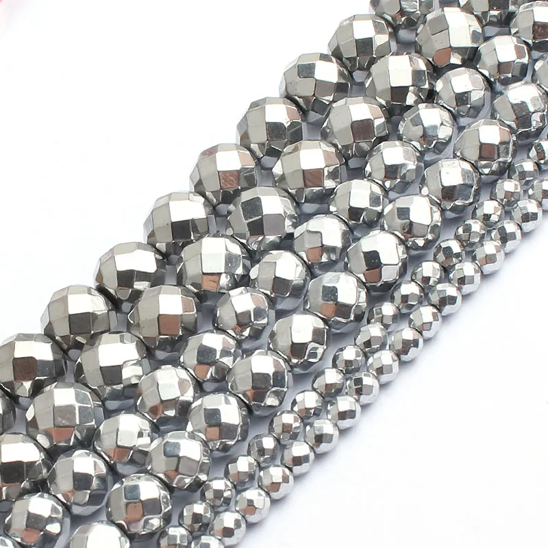 Faceted Silver Plated Rose Gold Hematite Natural Stone Beads for Jewelry Making – Round Loose Beads in Various Sizes