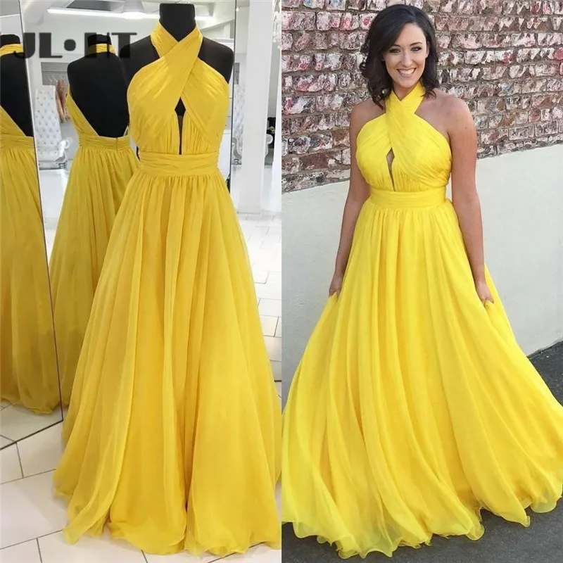 

Simple Yellow In Stock Evening Dresses Long A-Line Halter Sleeveless Open Back Prom Dress Maid of Honors Evening Dress