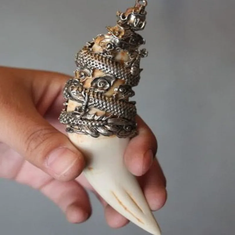 

FENGASHOUW Chinese antique boar teeth protection Amulet Pendant classic inlaid Dragon Pendant