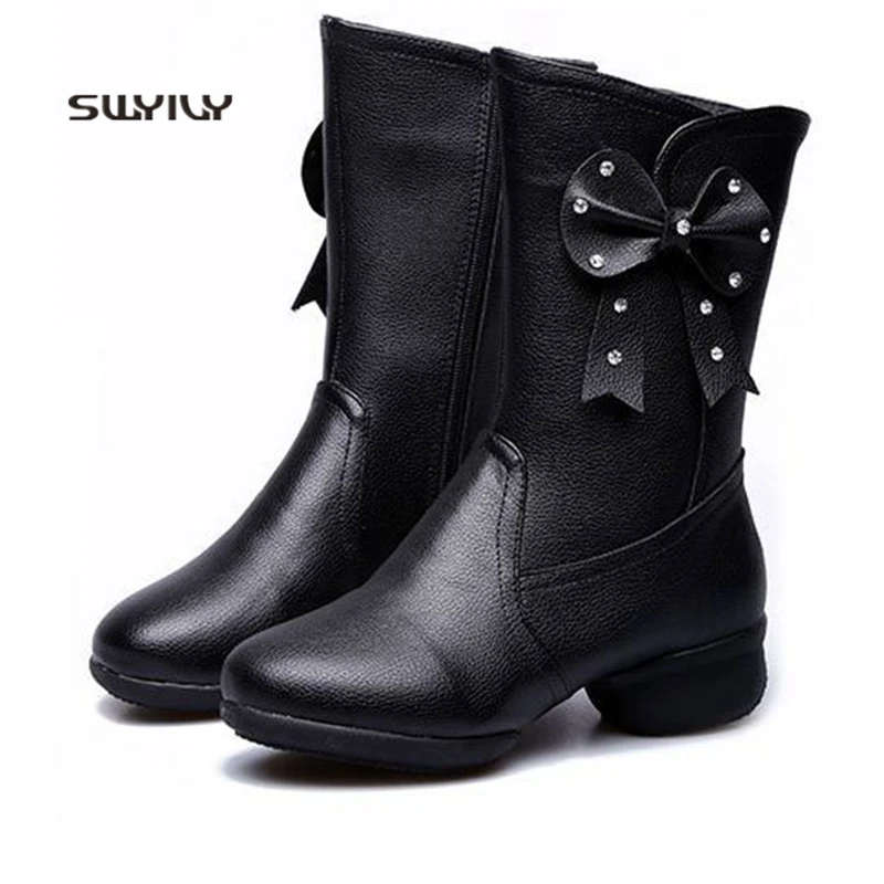 SWYIVY Women Dance Sneakers Winter Warm plus Velvet 2018 Autumn Winter Women Modern Dance Boots Genuine Leather Dance Sneakers