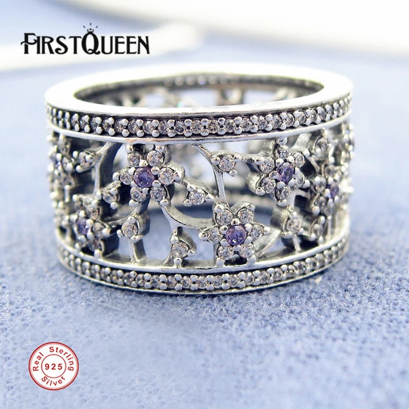 

FirstQueen 925 Prata Silver Forget me not with purple and clear cz Ring anillos de plata 925 joias Halloween Gift Dropshipping